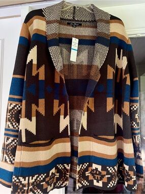 Anne French Open-Front Aztec Knit Cardigan Sweater - Brown/Blue/Tan
